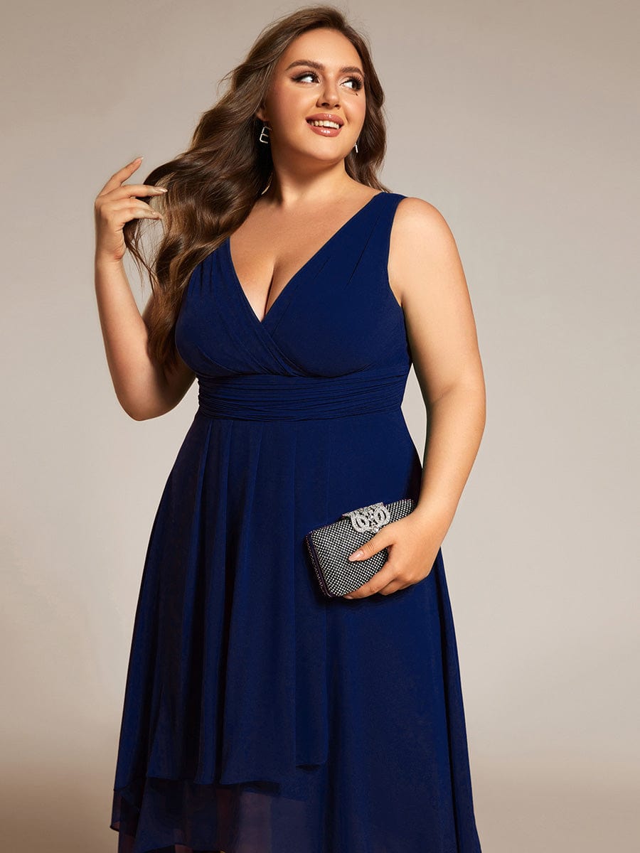 Plus Size Pleated Sleeveless V-Neck Midi Chiffon Wedding Guest Dress #color_Navy Blue