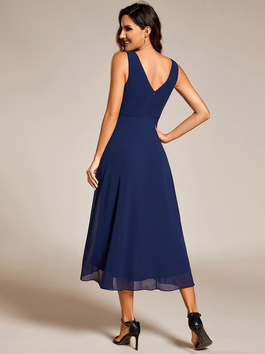 Chic V-Neck Pleated Sleeveless High-Low Chiffon Wedding Guest Dress #color_Navy Blue