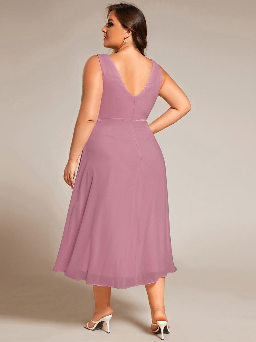 Plus Size Pleated Sleeveless V-Neck Midi Chiffon Wedding Guest Dress #color_Purple Orchid