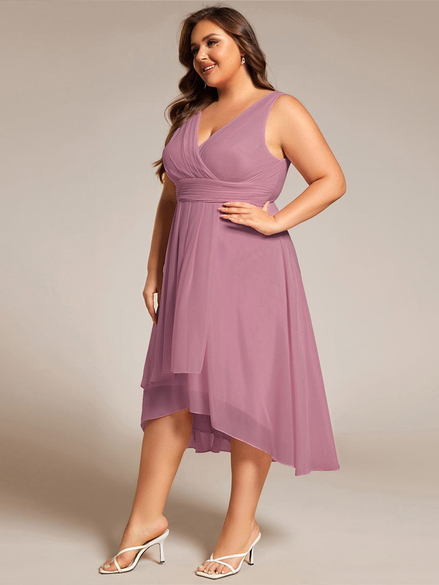 Plus Size Pleated Sleeveless V-Neck Midi Chiffon Wedding Guest Dress #color_Purple Orchid