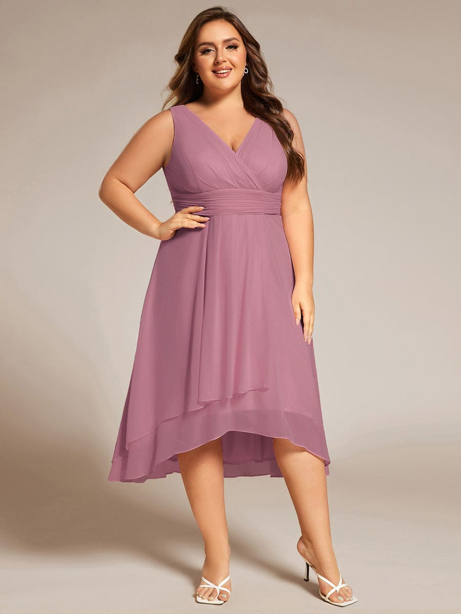 Plus Size Pleated Sleeveless V-Neck Midi Chiffon Wedding Guest Dress #color_Purple Orchid