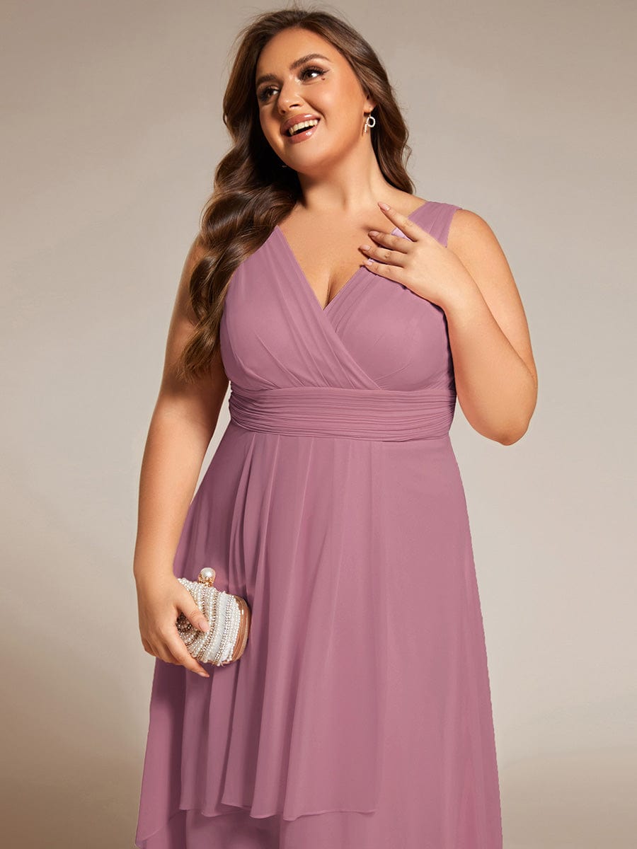 Plus Size Pleated Sleeveless V-Neck Midi Chiffon Wedding Guest Dress #color_Purple Orchid