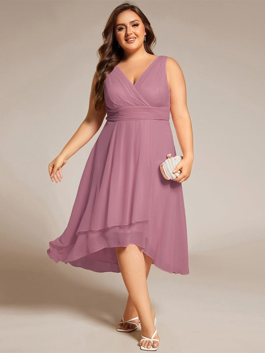 Plus Size Pleated Sleeveless V-Neck Midi Chiffon Wedding Guest Dress #color_Purple Orchid