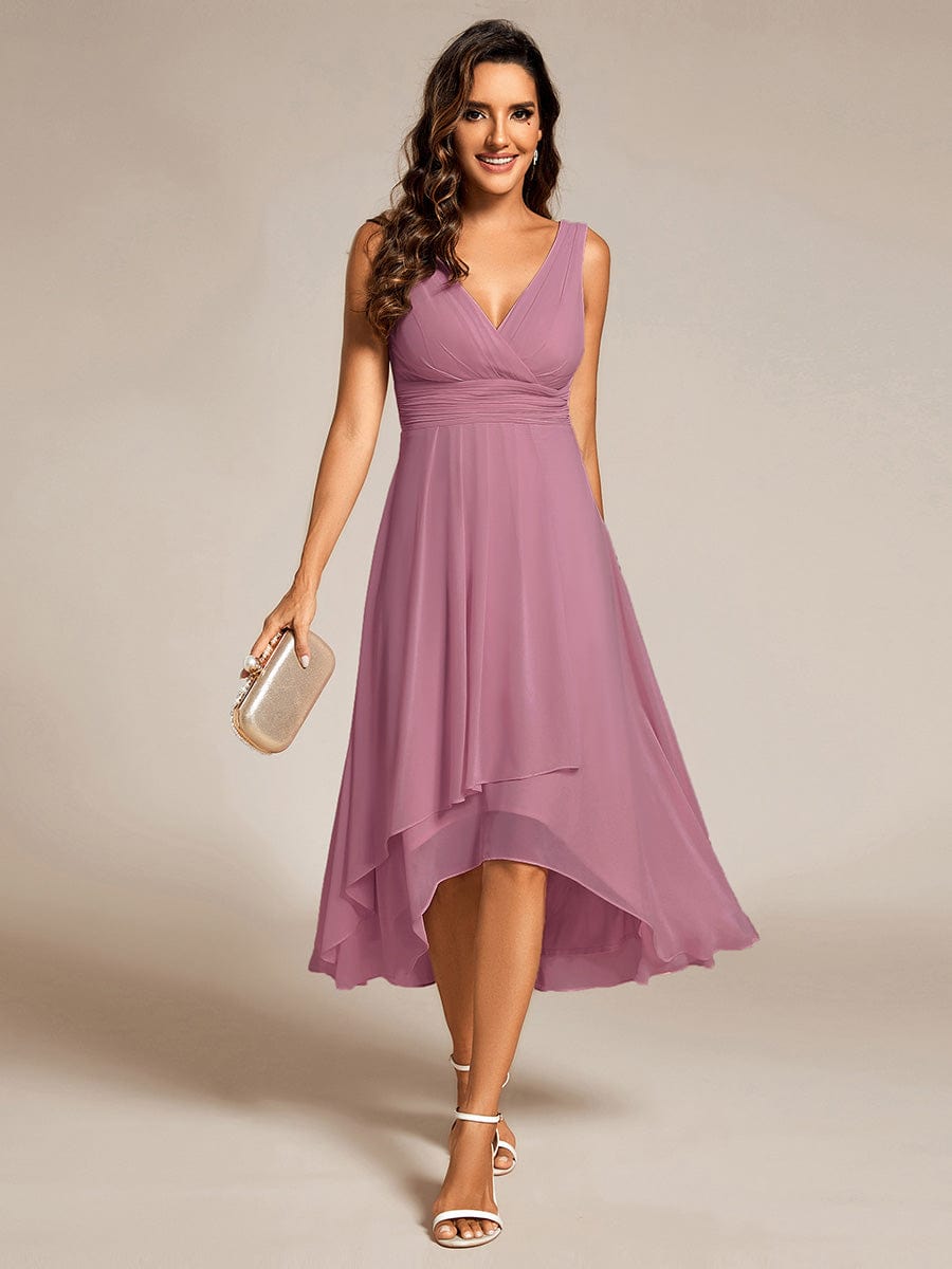 Chic V-Neck Pleated Sleeveless High-Low Chiffon Wedding Guest Dress #color_Purple Orchid
