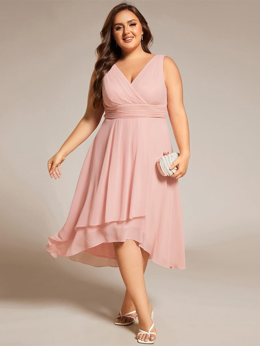 Plus Size Pleated Sleeveless V-Neck Midi Chiffon Wedding Guest Dress #color_Pink