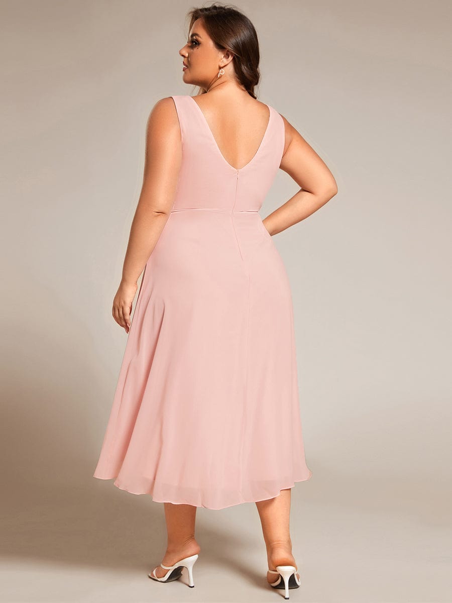 Plus Size Pleated Sleeveless V-Neck Midi Chiffon Wedding Guest Dress #color_Pink