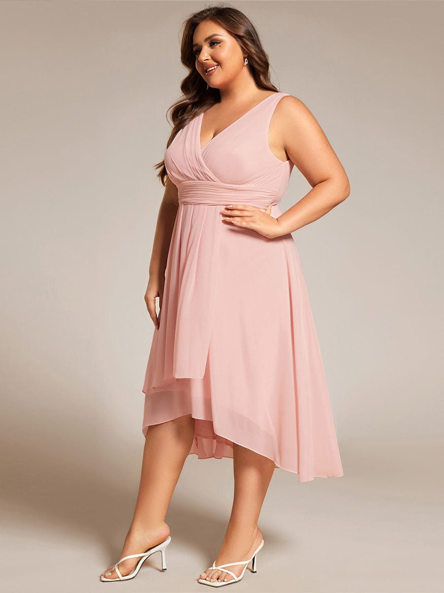 Plus Size Pleated Sleeveless V-Neck Midi Chiffon Wedding Guest Dress #color_Pink