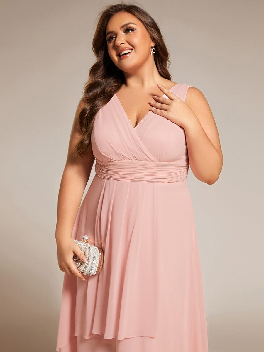 Plus Size Pleated Sleeveless V-Neck Midi Chiffon Wedding Guest Dress #color_Pink