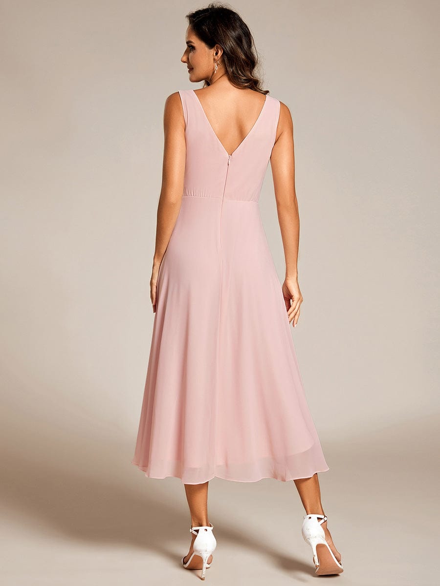 Chic V-Neck Pleated Sleeveless High-Low Chiffon Wedding Guest Dress #color_Pink