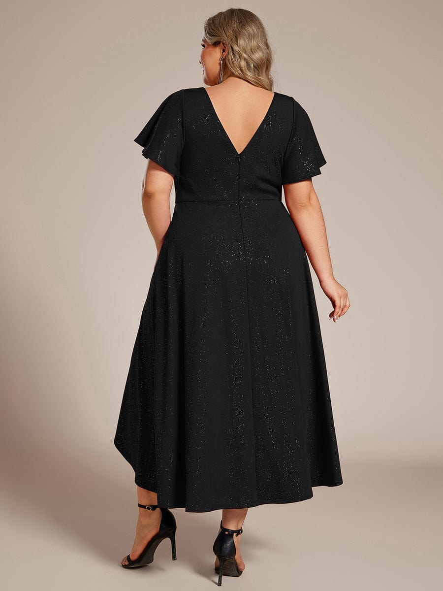 Plus Size  Ruffled Sleeves Glitery V-Neck Midi Wedding Guest Dress #color_Black