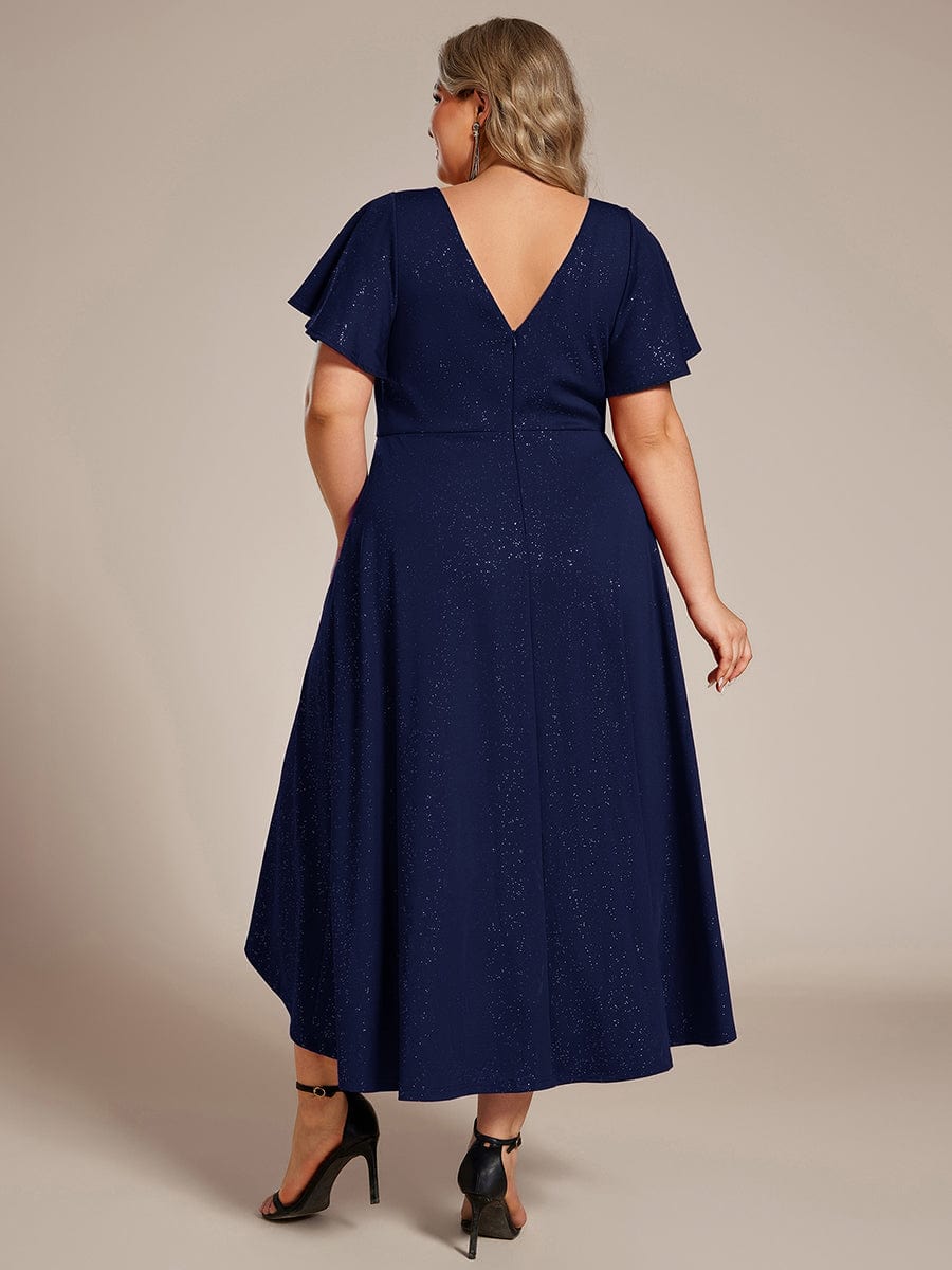 Plus Size  Ruffled Sleeves Glitery V-Neck Midi Wedding Guest Dress #color_Navy Blue