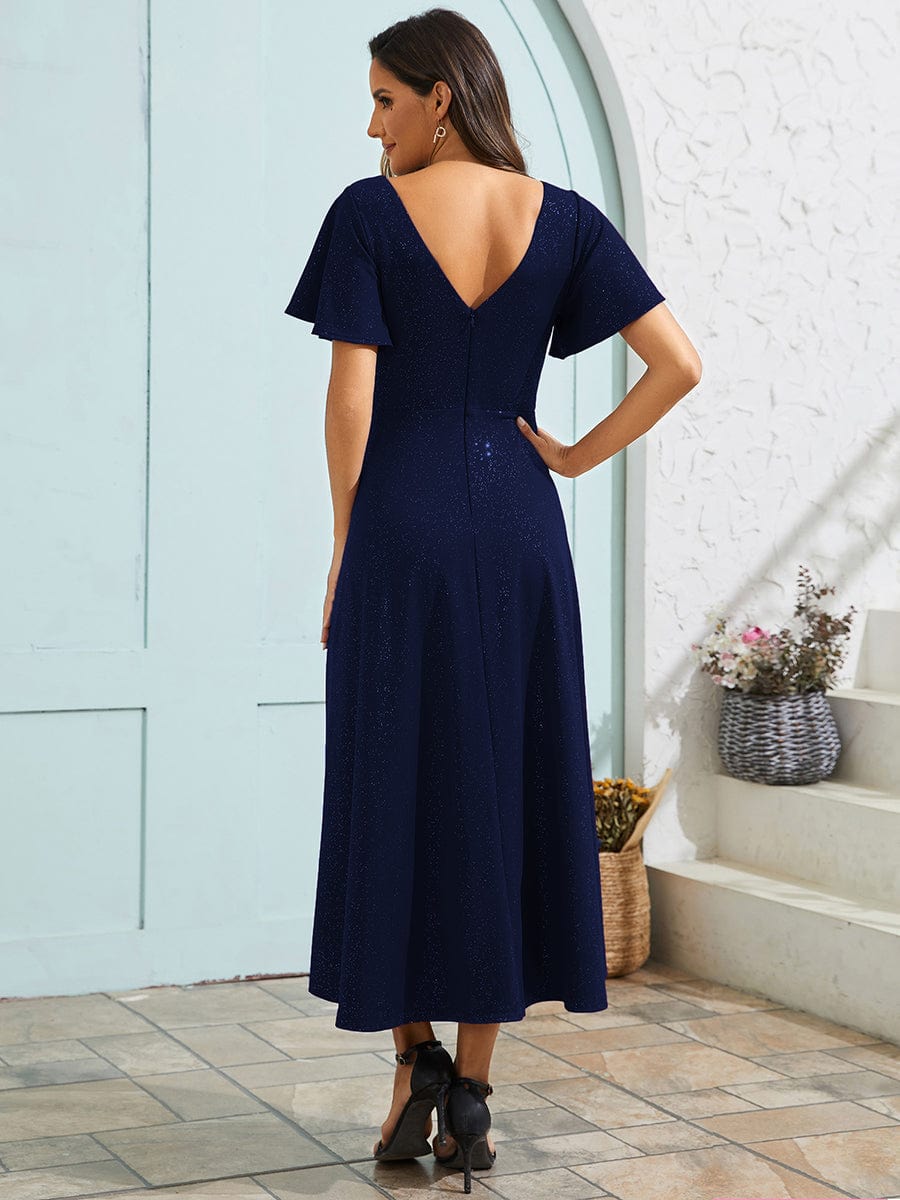 Sparkling V-Neck High-Low Wedding Guest Dress with Ruffled Sleeves #color_Navy Blue