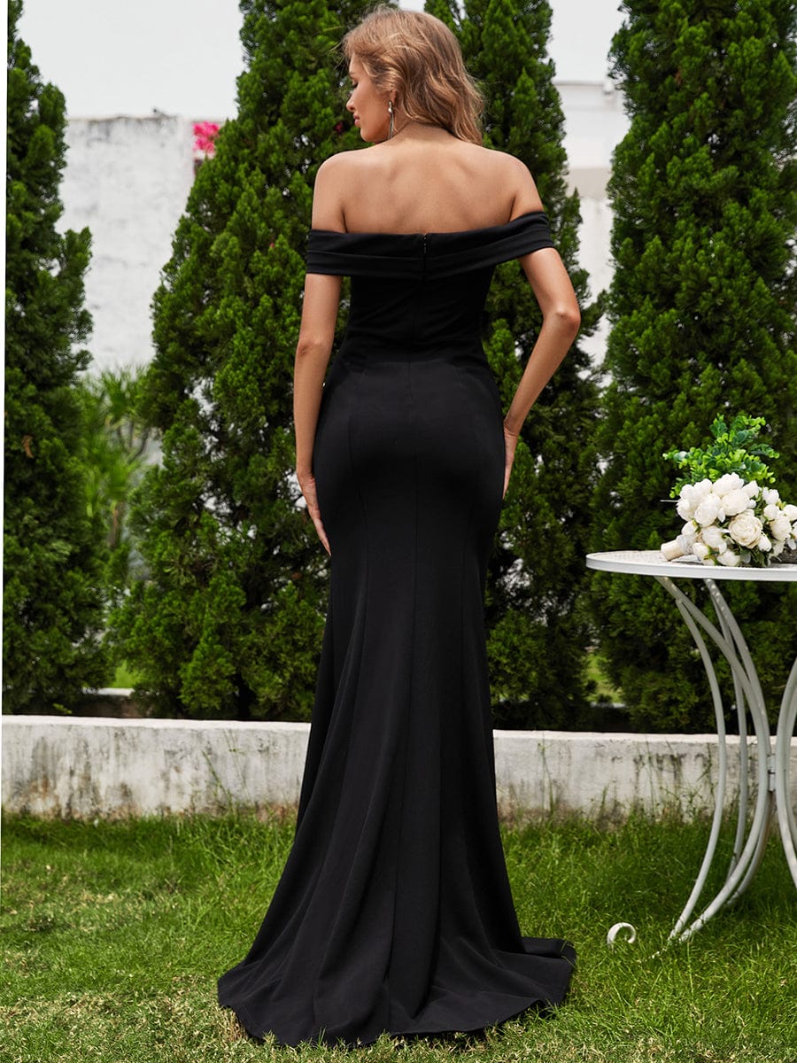 Off Shoulder Pleated Mermaid Wedding Dress featuring High Slit #color_Black