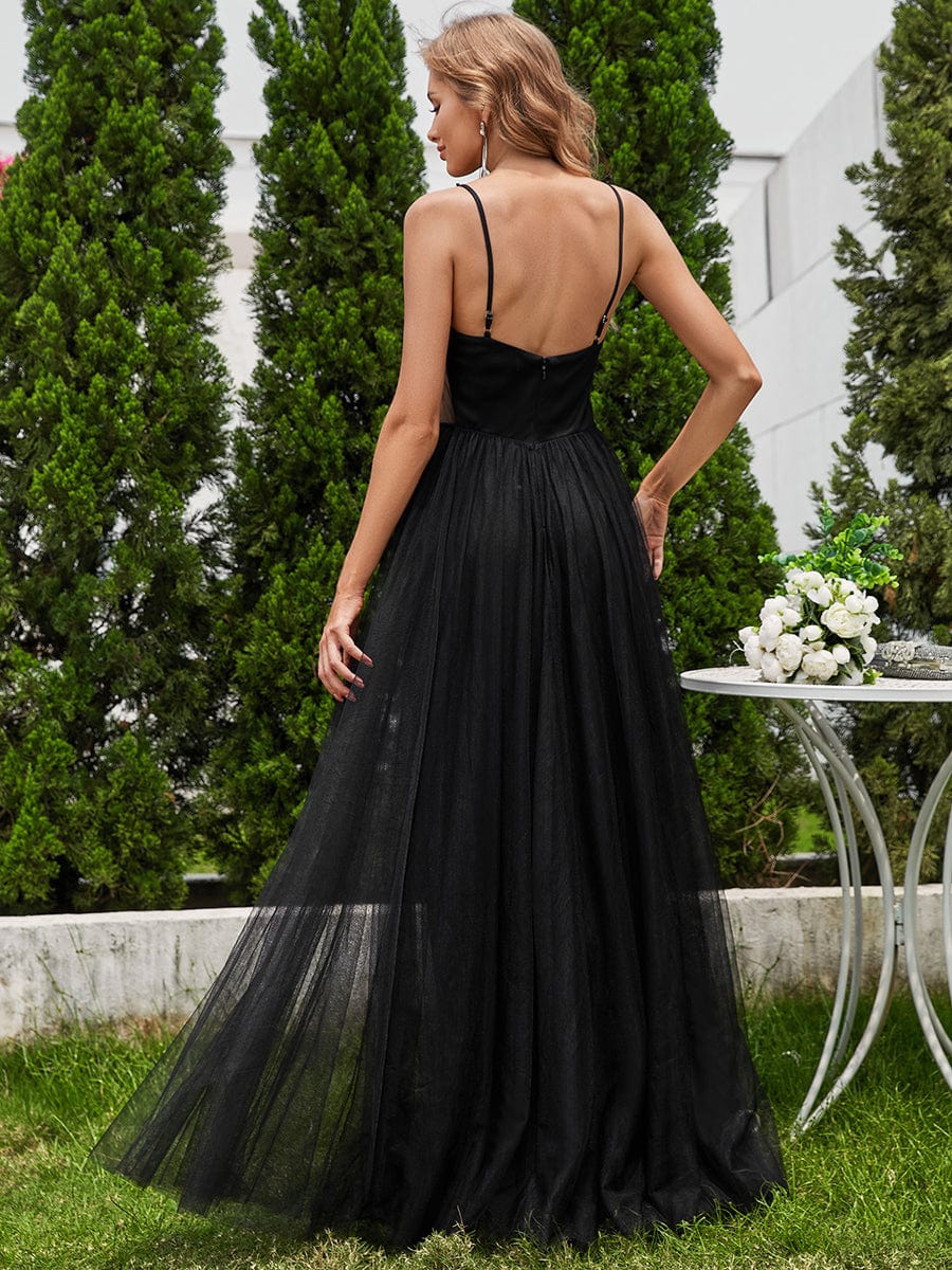 V-Neck A-Line Wedding Dress featuring Delicate Pearl Accents #color_Black