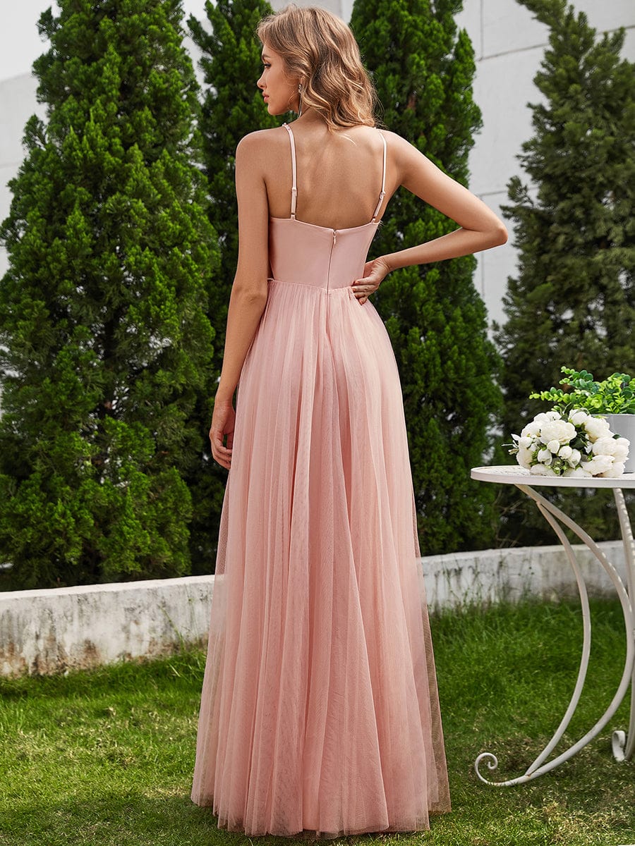 V-Neck A-Line Wedding Dress featuring Delicate Pearl Accents #color_Pink