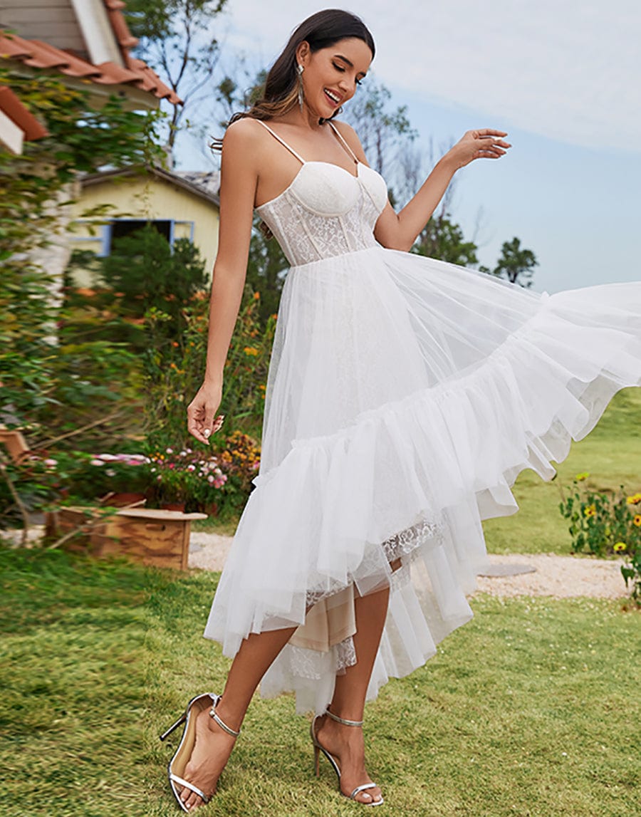 Tulle Corset Top Sweetheart High-Low Wedding Dress #color_Ivory