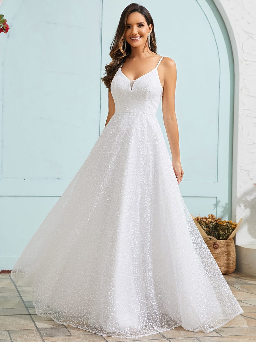 Sleeveless V-Neck Paillette Tulle Backless A-Line Wedding Dress #color_White