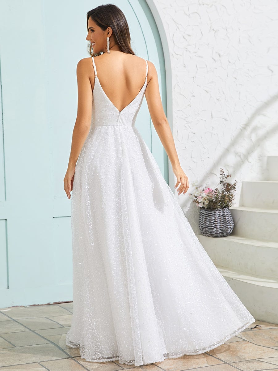 Sleeveless V-Neck Paillette Tulle Backless A-Line Wedding Dress #color_White