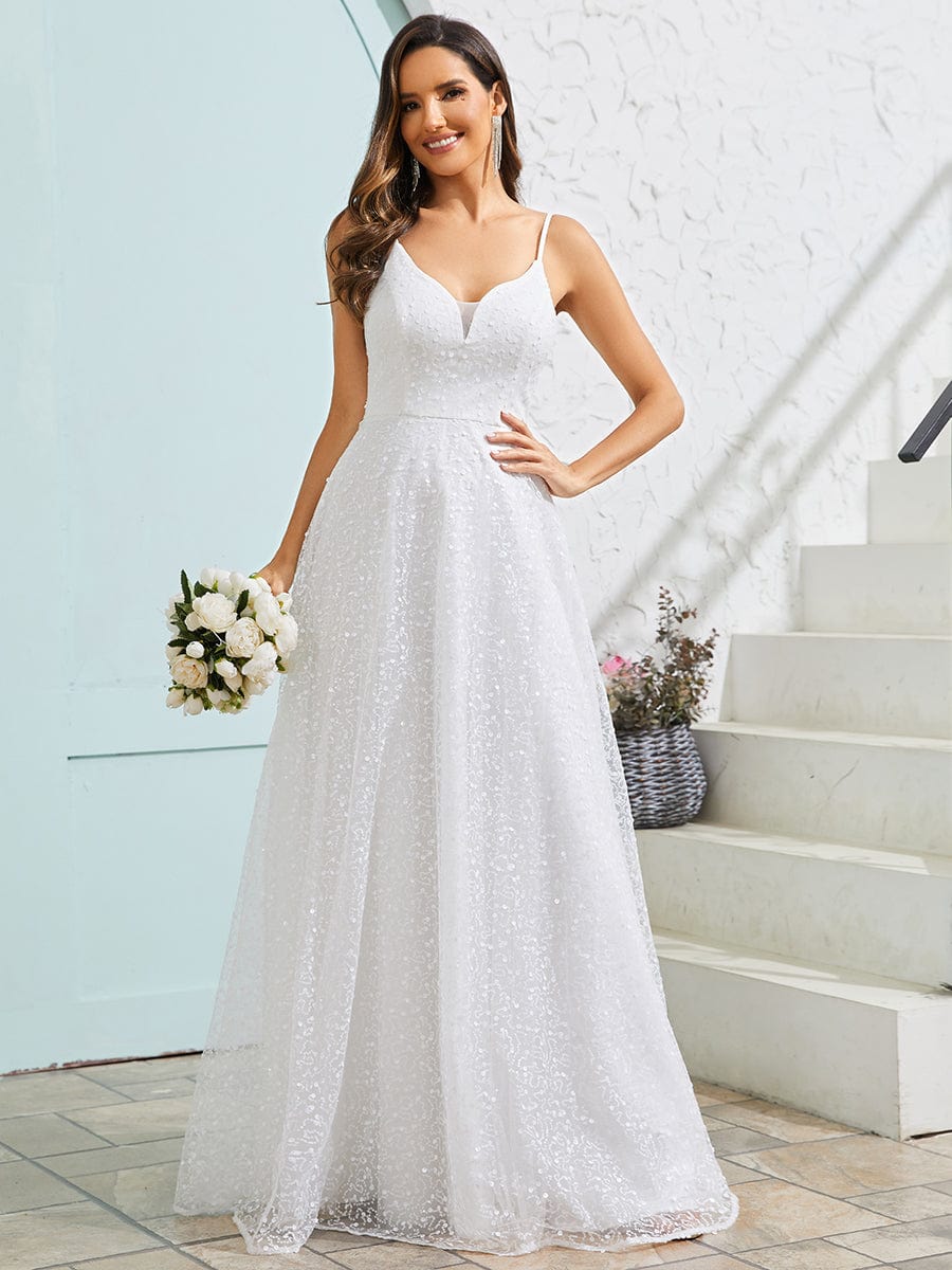 Sleeveless V-Neck Paillette Tulle Backless A-Line Wedding Dress #color_White