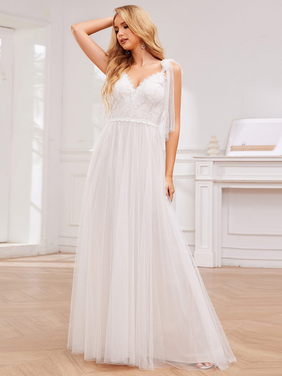 Romantic Lace and Tulle Tie-Shoulder Wedding Dress #color_Ivory