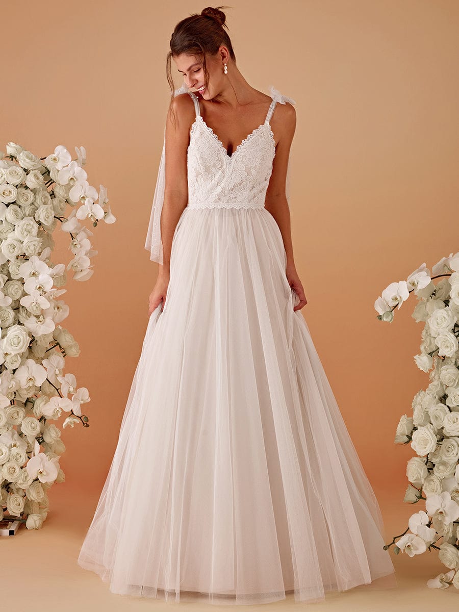 Romantic Lace and Tulle Tie-Shoulder Wedding Dress #color_Ivory