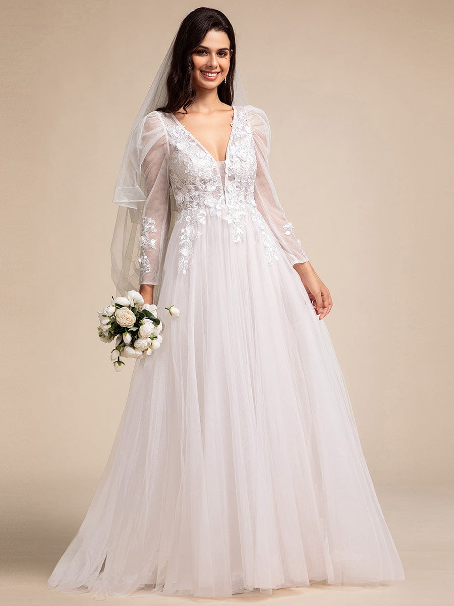 V Neck Leg of Mutton Sleeves Applique See-Through Wedding Dress #color_Ivory