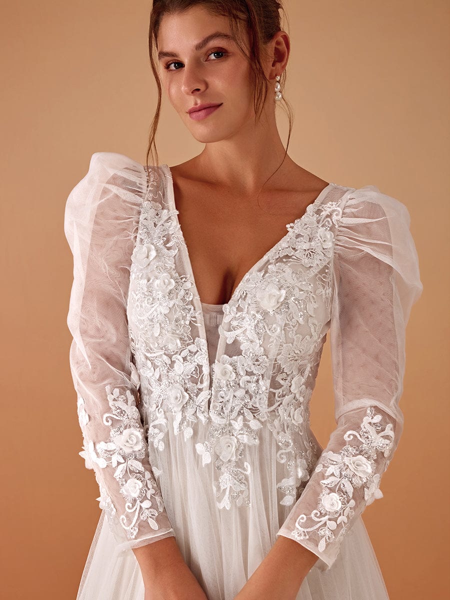 V Neck Leg of Mutton Sleeves Applique See-Through Wedding Dress 