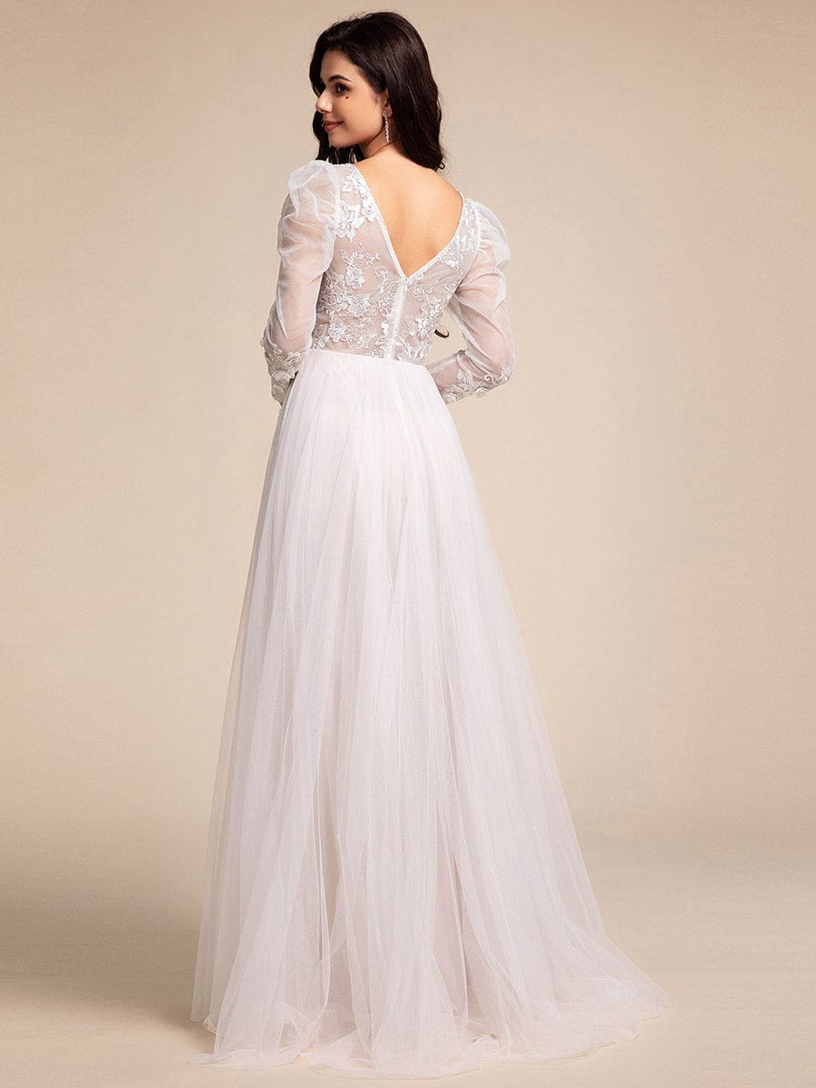 V Neck Leg of Mutton Sleeves Applique See-Through Wedding Dress #color_Ivory