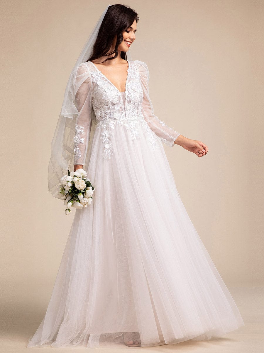 V Neck Leg of Mutton Sleeves Applique See-Through Wedding Dress #color_Ivory