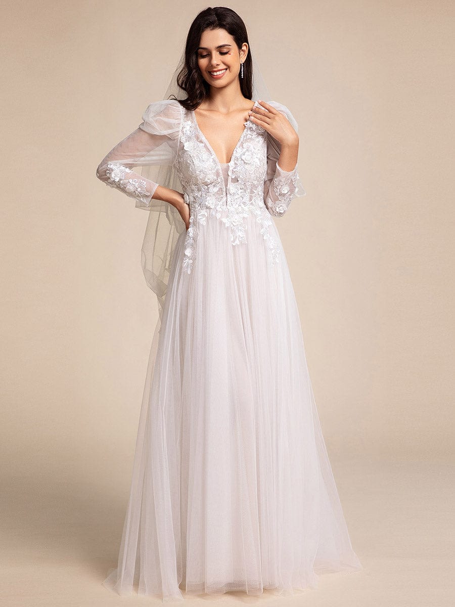 V Neck Leg of Mutton Sleeves Applique See-Through Wedding Dress #color_Ivory