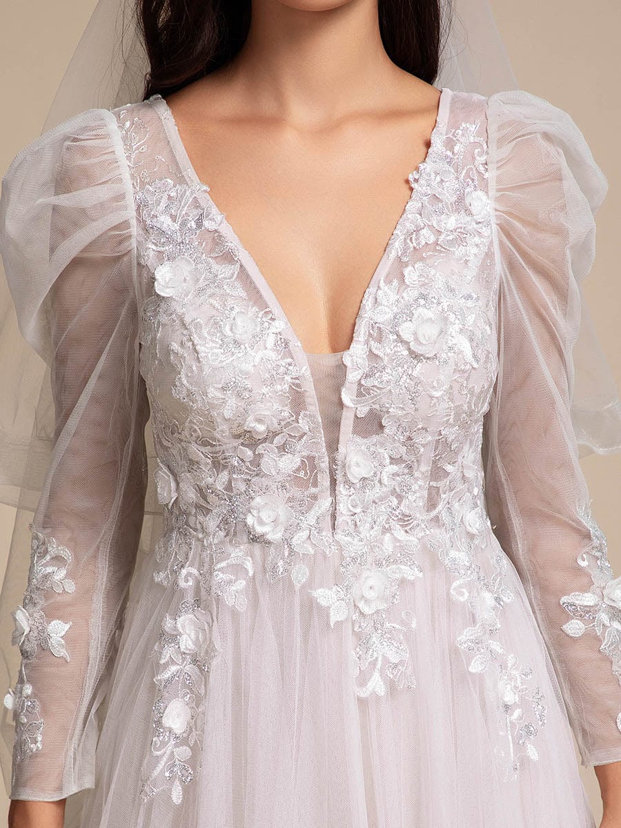 V Neck Leg of Mutton Sleeves Applique See-Through Wedding Dress #color_Ivory