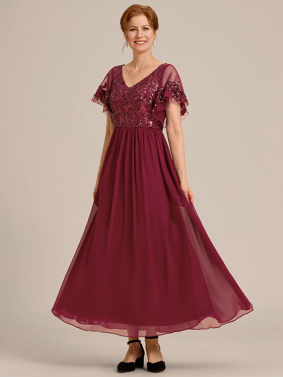 Short Sleeve V-Neck Sequin Chiffon A-Line Mother of the Bride Dress #Color_Burgundy