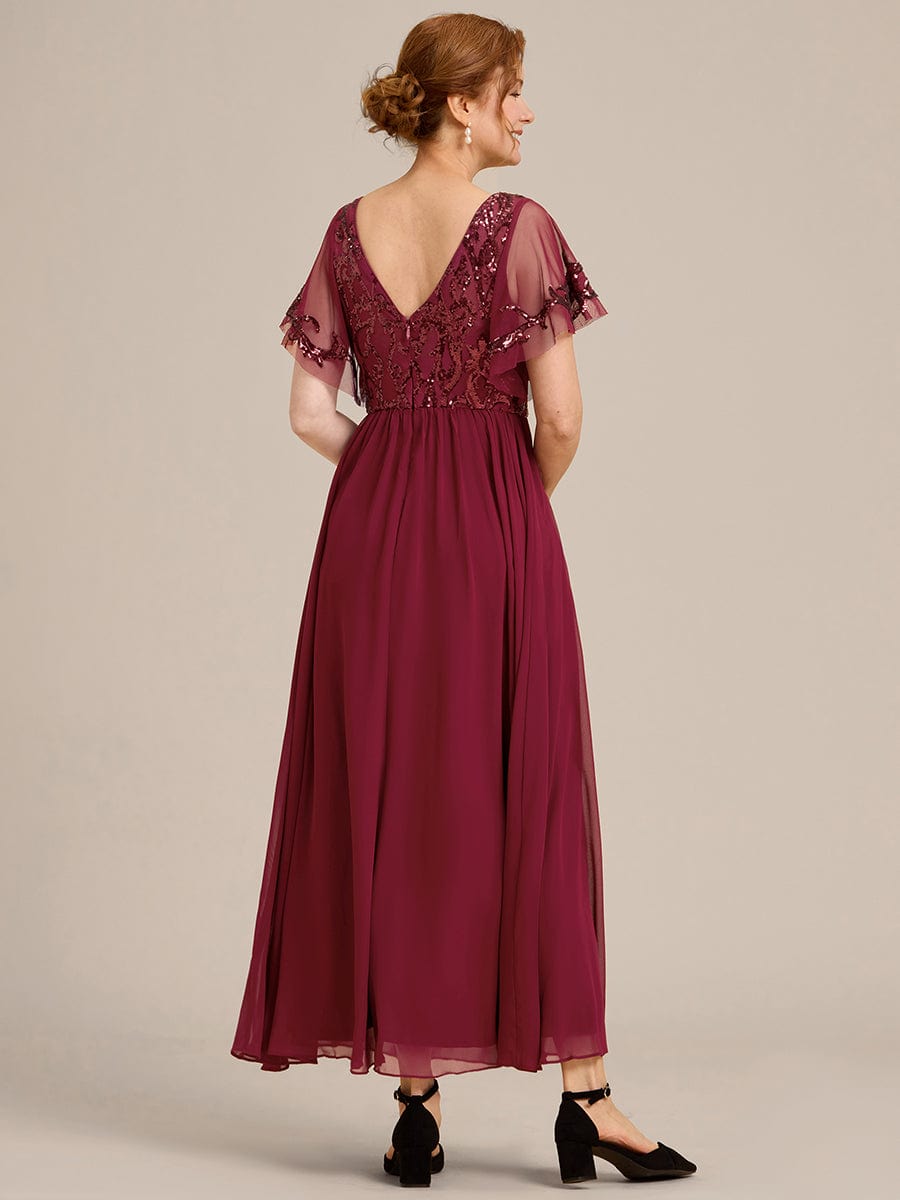 Short Sleeve V-Neck Sequin Chiffon A-Line Mother of the Bride Dress #Color_Burgundy