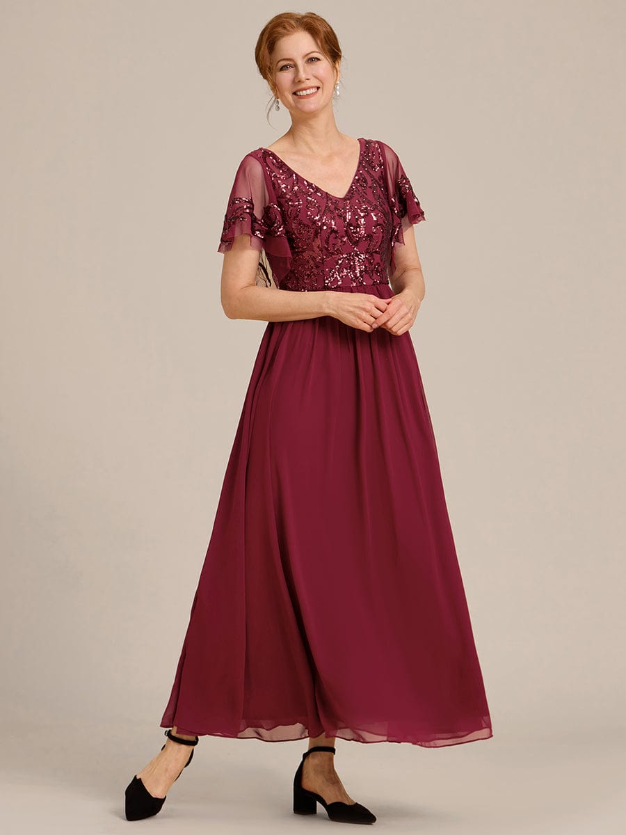 Short Sleeve V-Neck Sequin Chiffon A-Line Mother of the Bride Dress #Color_Burgundy