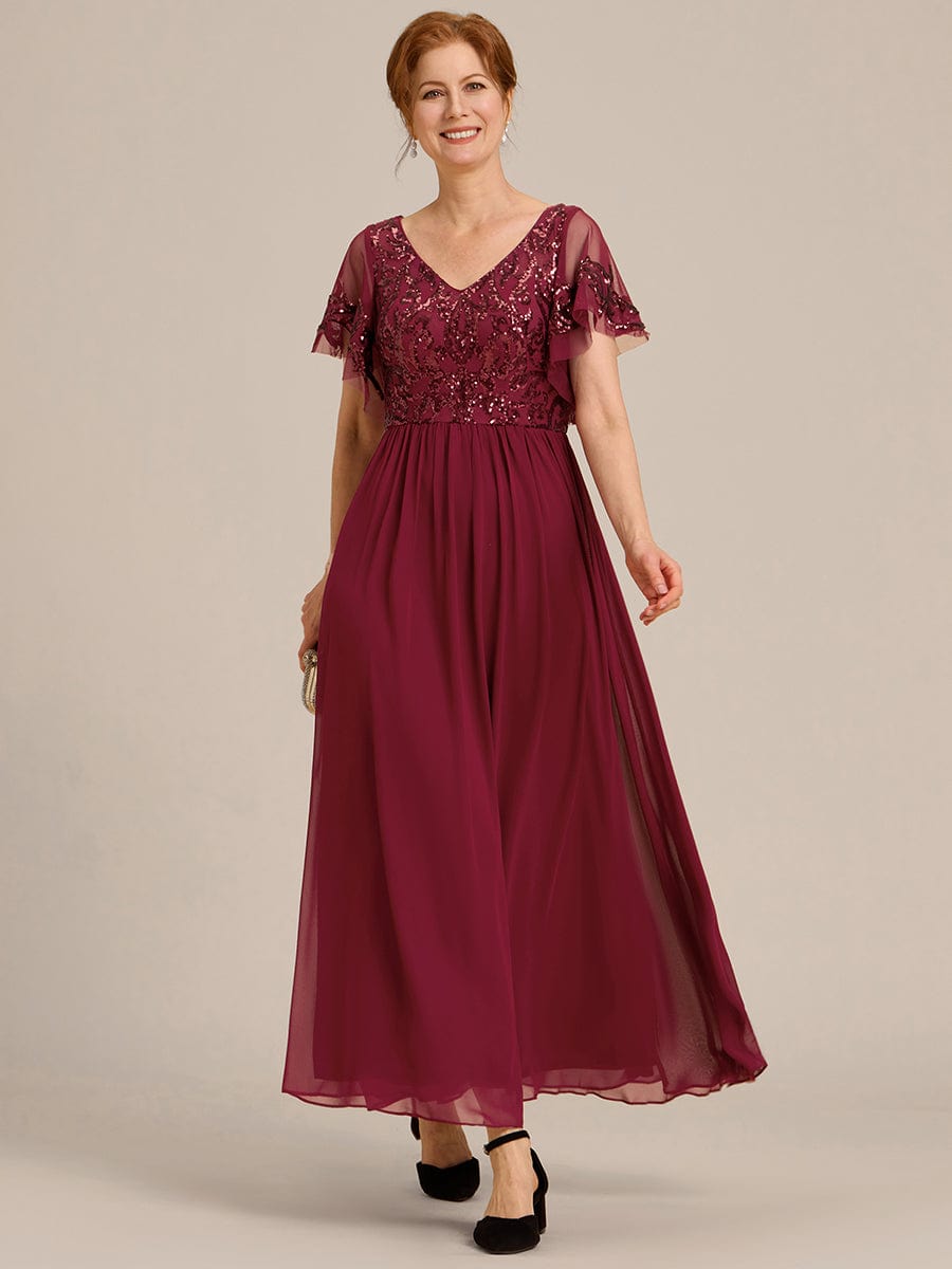 Short Sleeve V-Neck Sequin Chiffon A-Line Mother of the Bride Dress #Color_Burgundy