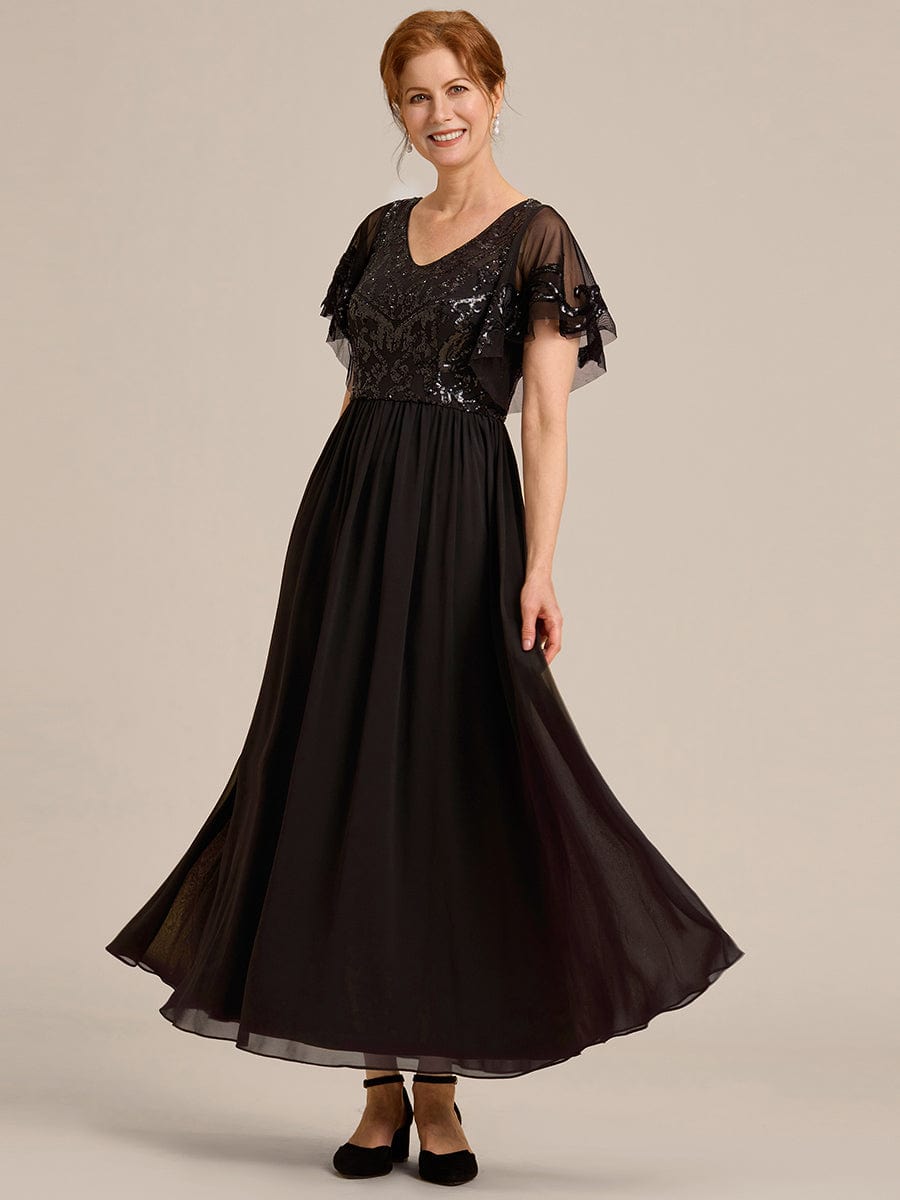 Short Sleeve V-Neck Sequin Chiffon A-Line Mother of the Bride Dress #Color_Black