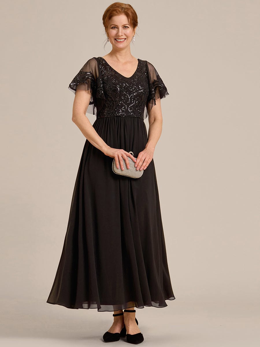 Short Sleeve V-Neck Sequin Chiffon A-Line Mother of the Bride Dress #Color_Black