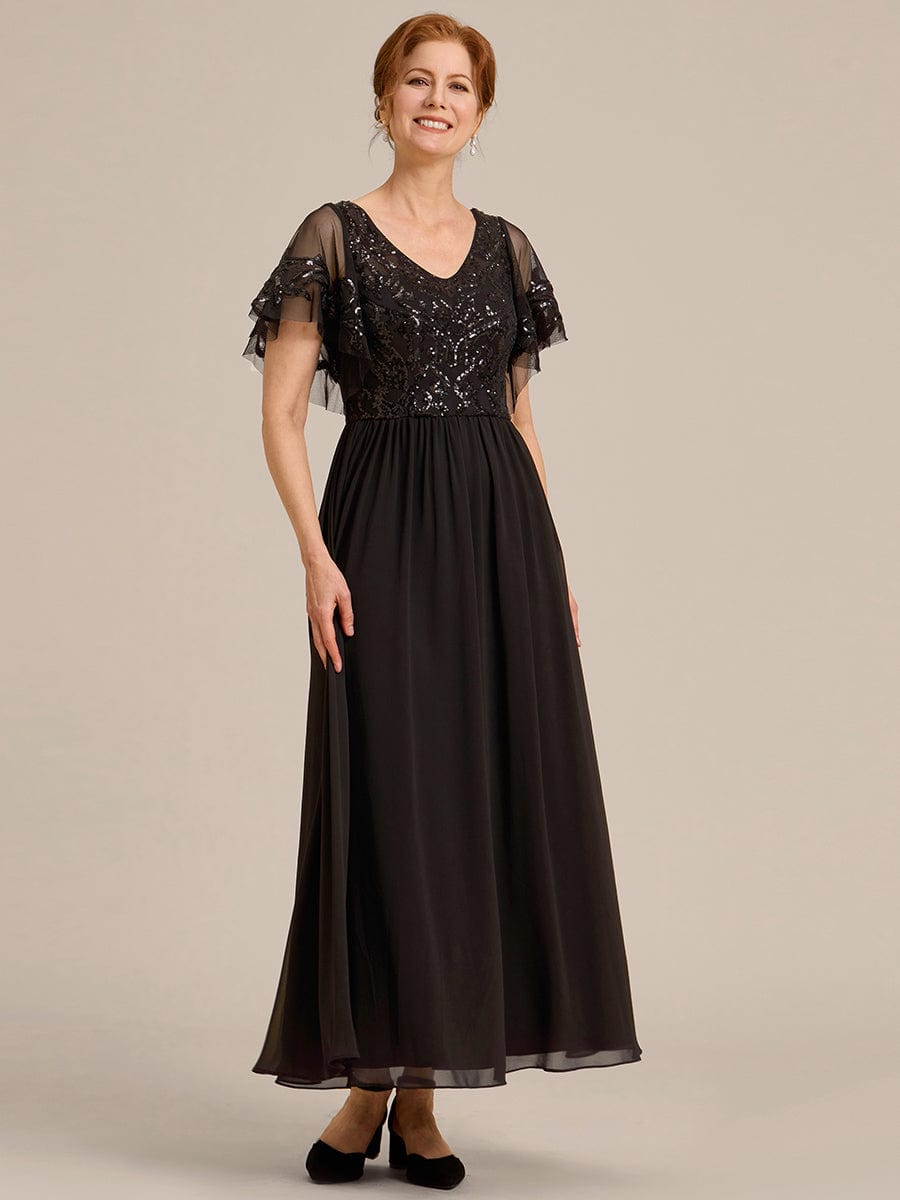 Short Sleeve V-Neck Sequin Chiffon A-Line Mother of the Bride Dress #Color_Black