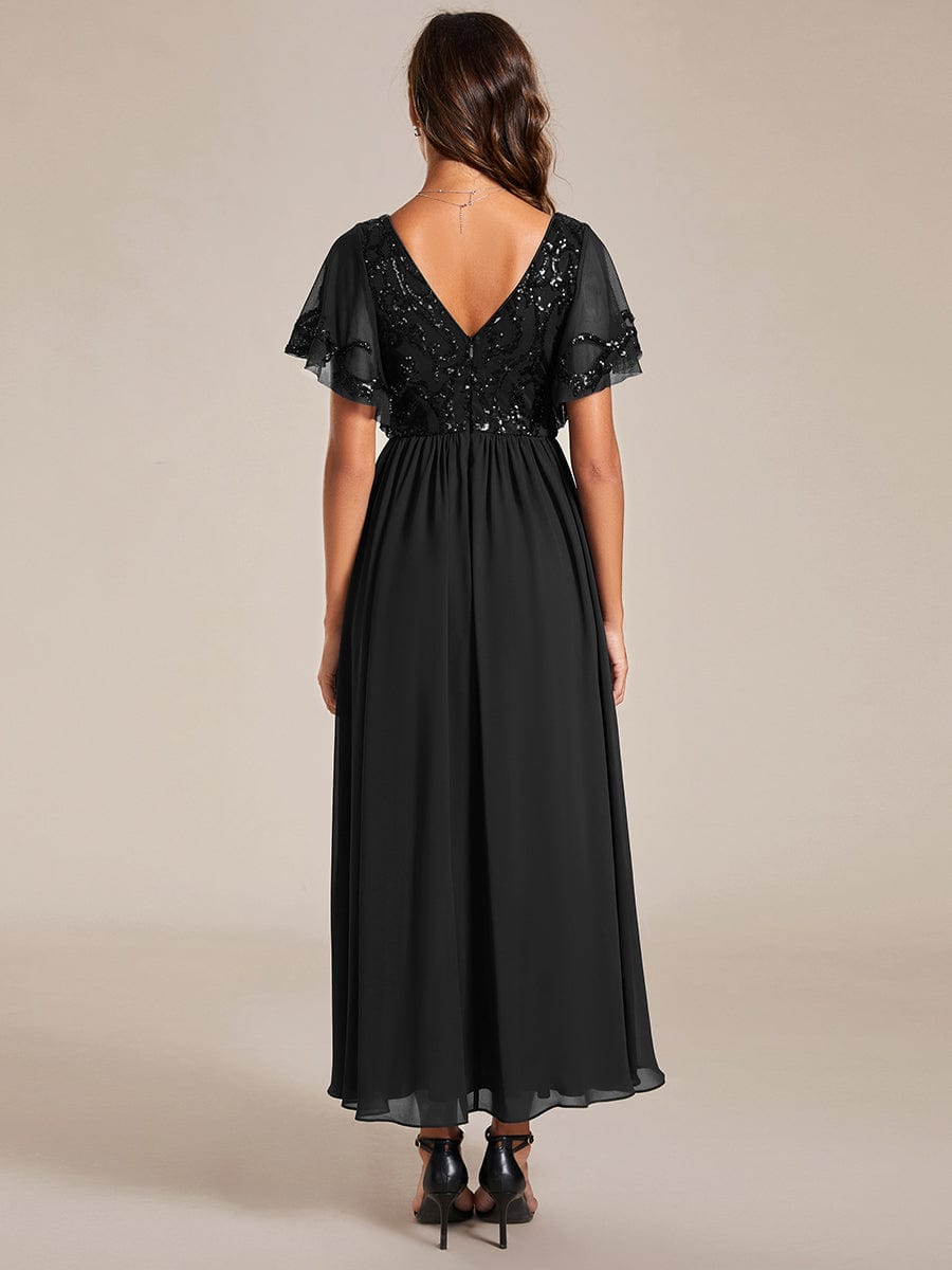 Elegant V-Neck Sequin A-Line Short Sleeves Chiffon Midi Formal Dress #Color_Black