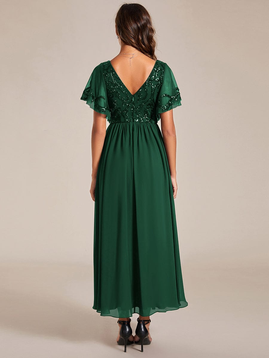 Elegant V-Neck Sequin A-Line Short Sleeves Chiffon Midi Formal Dress #Color_Dark Green