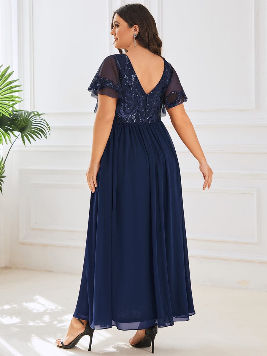 Plus Size V-Neck Short Sleeve Sequin Bodice Mother of the Bride Dress #Color_Navy Blue