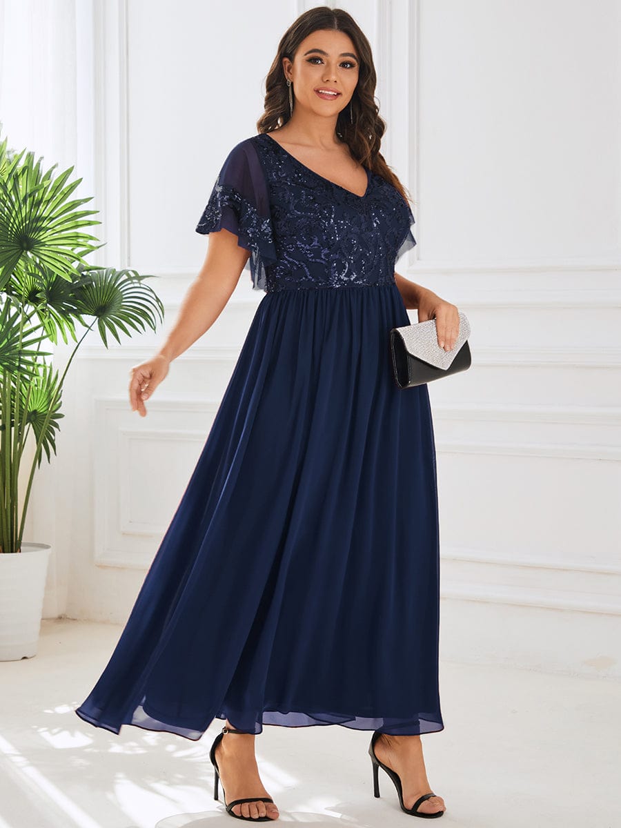 Custom Size V-Neck Short Sleeve Sequin Bodice Mother of the Bride Dress #Color_Navy Blue