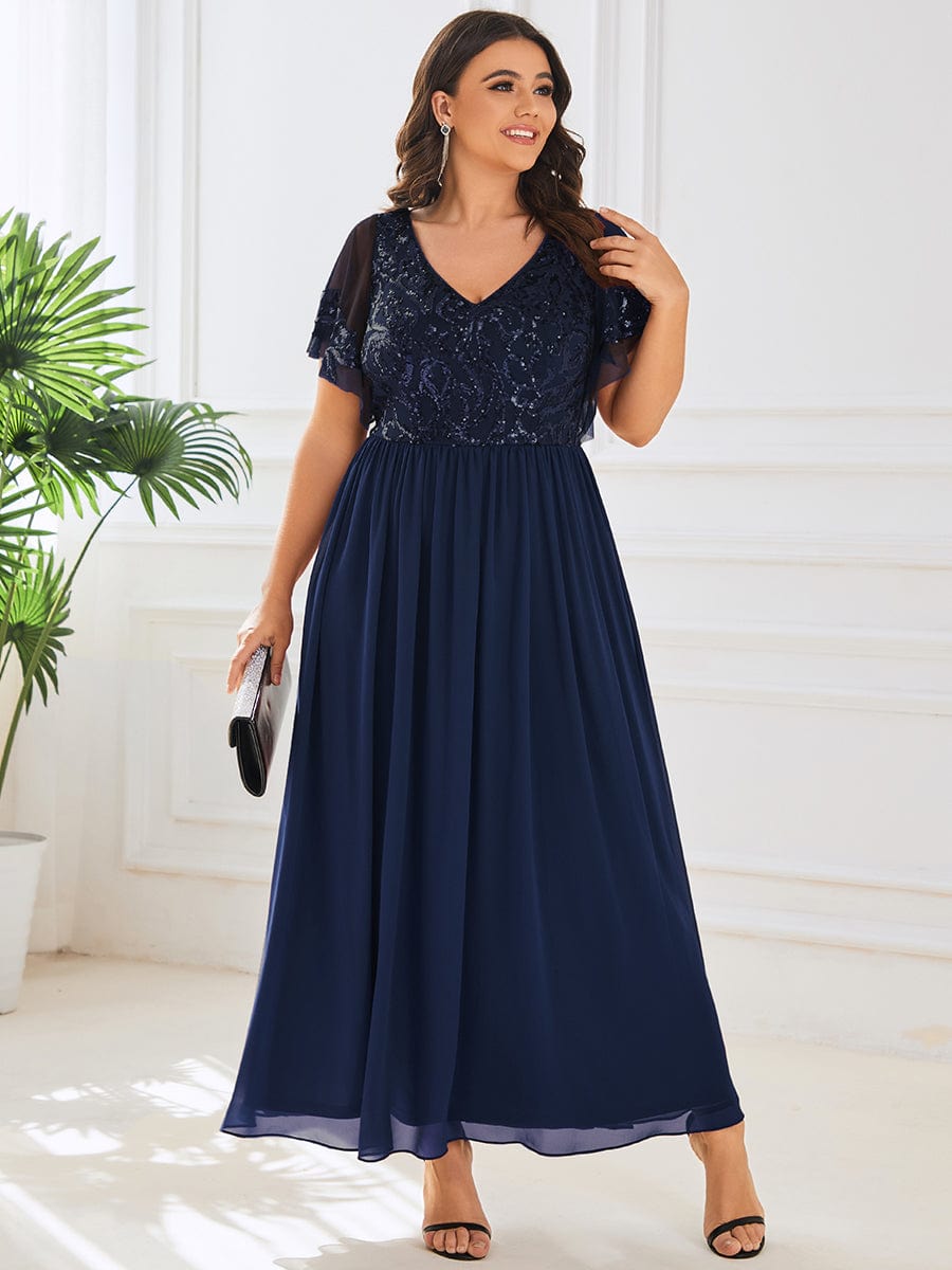 Plus Size V-Neck Short Sleeve Sequin Bodice Mother of the Bride Dress #Color_Navy Blue