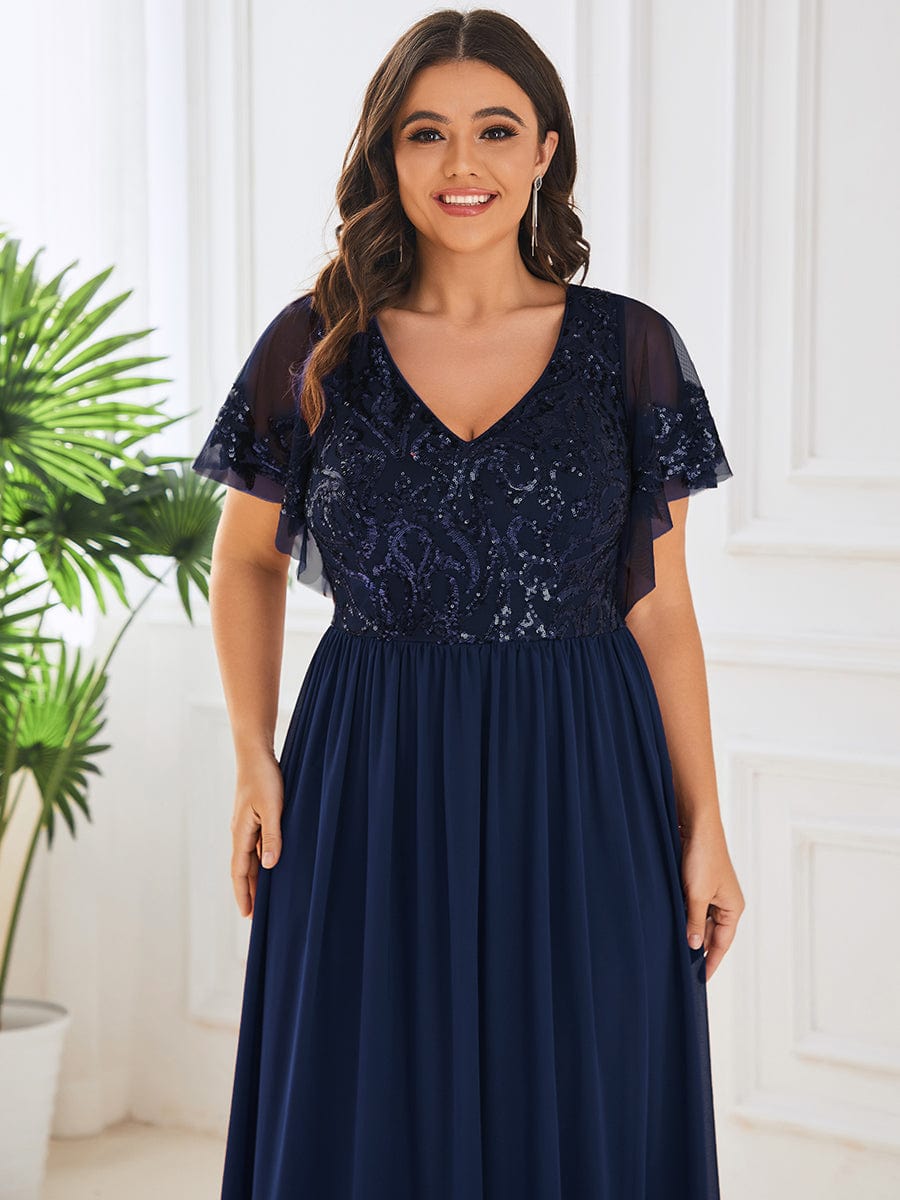 Plus Size V-Neck Short Sleeve Sequin Bodice Mother of the Bride Dress #Color_Navy Blue