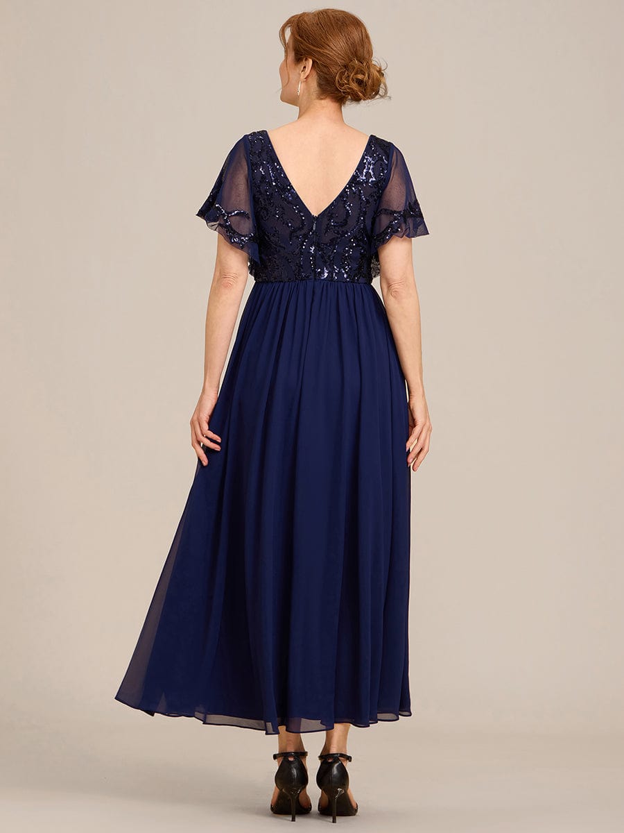 Short Sleeve V-Neck Sequin Chiffon A-Line Mother of the Bride Dress #color_Navy Blue