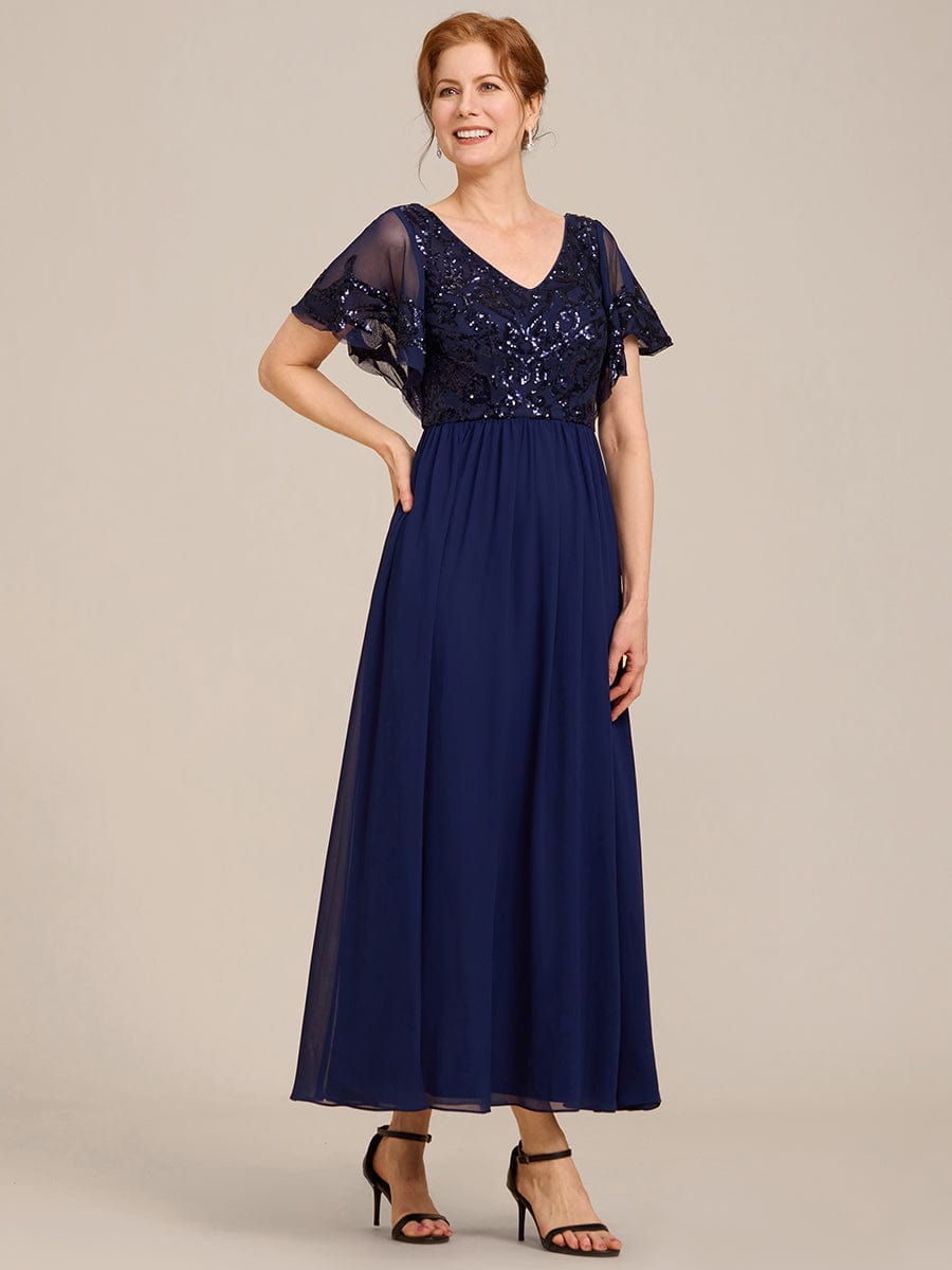 Short Sleeve V-Neck Sequin Chiffon A-Line Mother of the Bride Dress #Color_Navy Blue