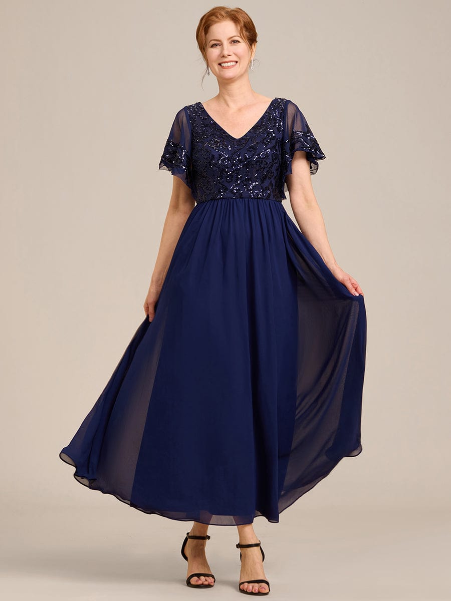 Short Sleeve V-Neck Sequin Chiffon A-Line Mother of the Bride Dress #Color_Navy Blue