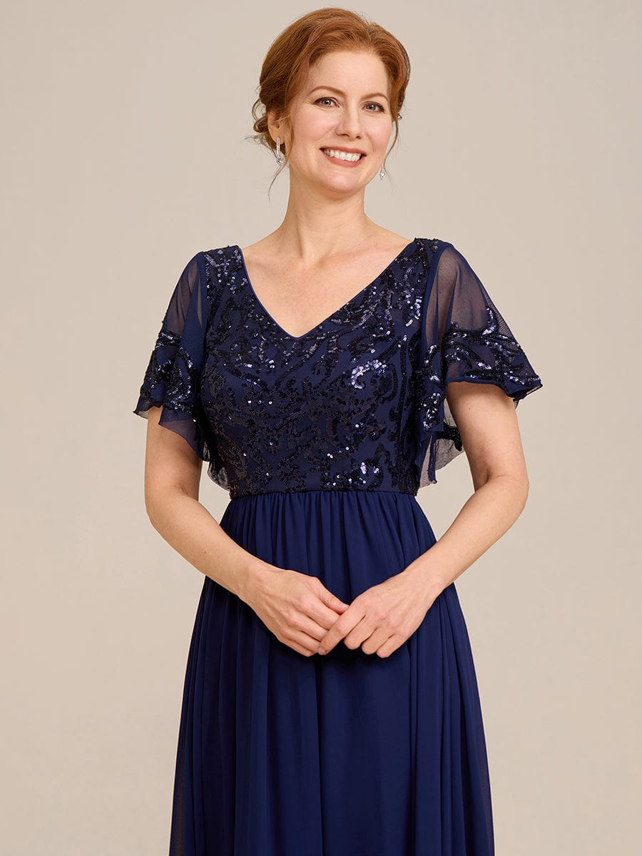 Short Sleeve V-Neck Sequin Chiffon A-Line Mother of the Bride Dress #Color_Navy Blue