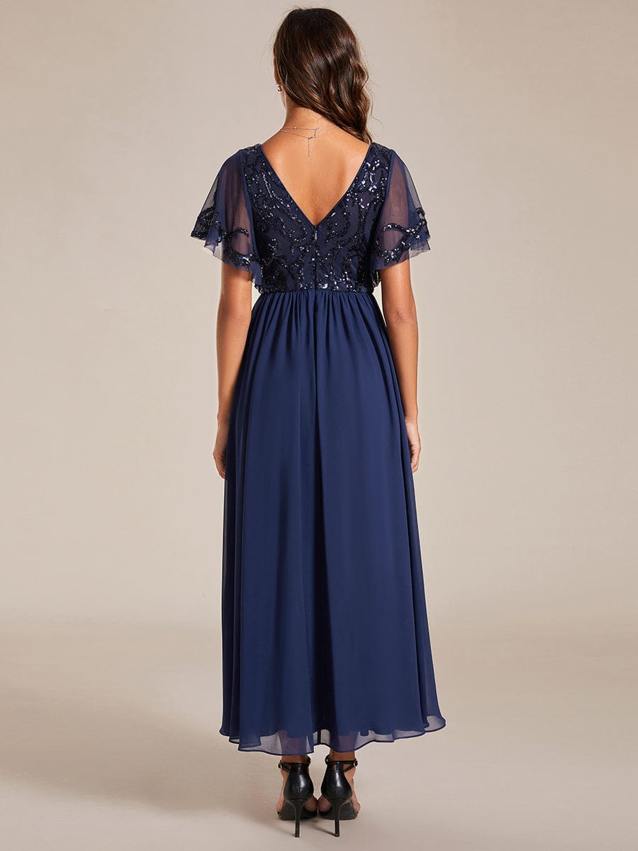 Elegant V-Neck Sequin A-Line Short Sleeves Chiffon Midi Formal Dress #Color_Navy Blue