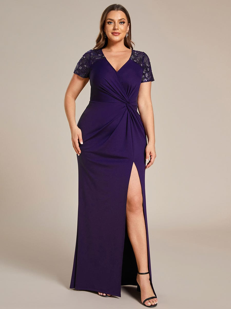 Plus Size Front Slit Short Sleeve With Sequin Mother of the Bride Dress #color_Dark Purple